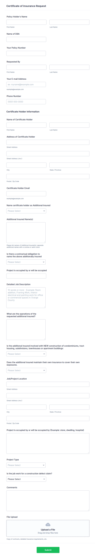 Insurance Certificate Request Form Template