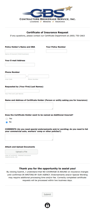 Insurance Certificate Request Form Template