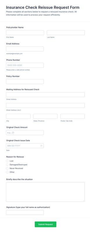 Insurance Check Reissue Request Form Template