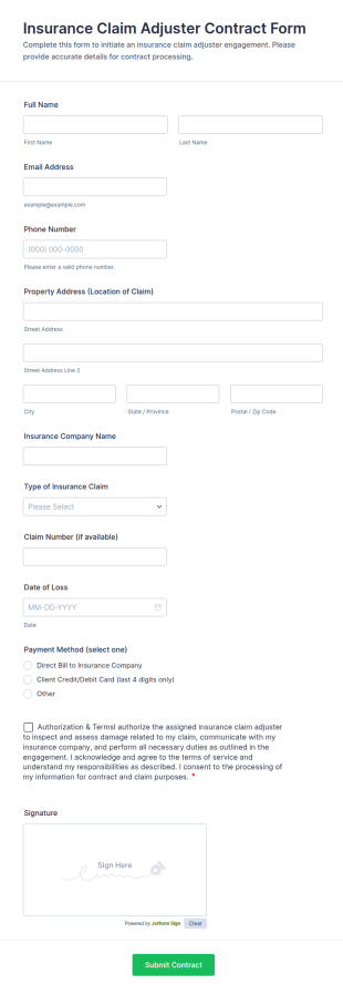 Insurance Claim Adjuster Contract Form Template