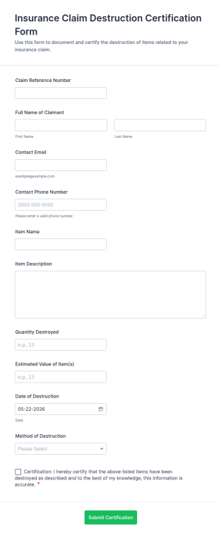 Insurance Claim Destruction Certification Form Template