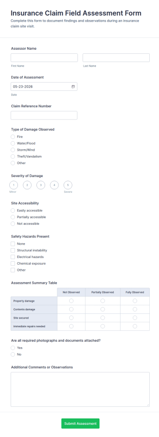Insurance Claim Field Assessment Form Template