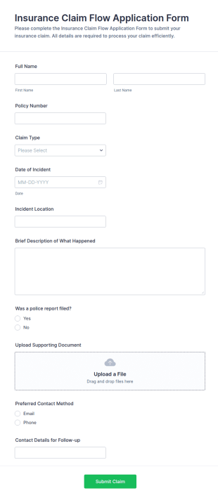 Insurance Claim Flow Application Form Template
