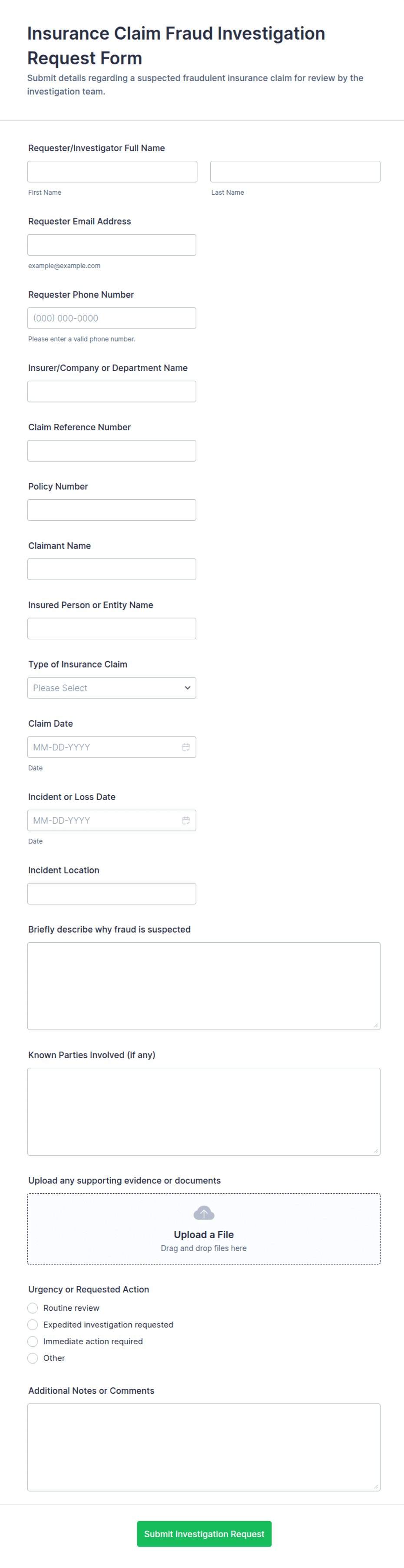 Insurance Claim Fraud Investigation Request Form Template | Jotform