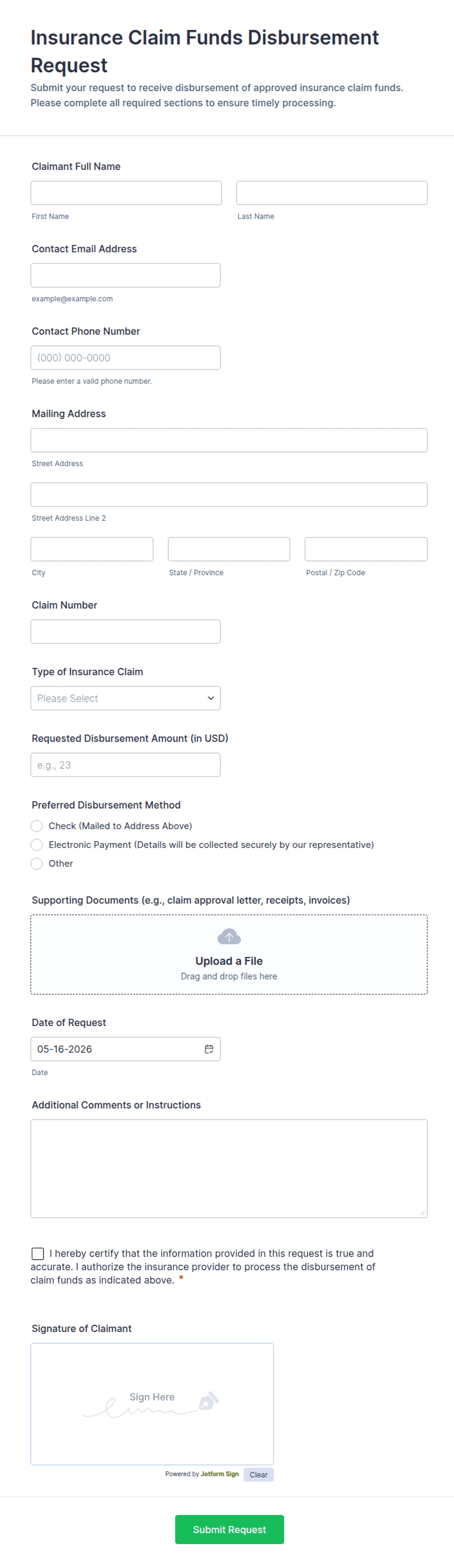 Insurance Claim Funds Disbursement Request Form Template | Jotform