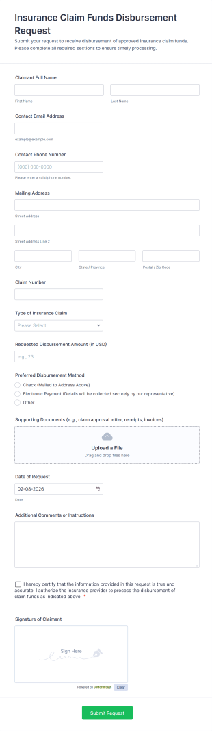 Insurance Claim Funds Disbursement Request Form Template