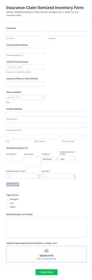 Insurance Claim Itemized Inventory Form Template