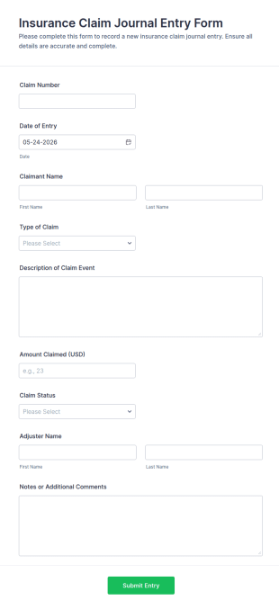 Insurance Claim Journal Entry Form Template