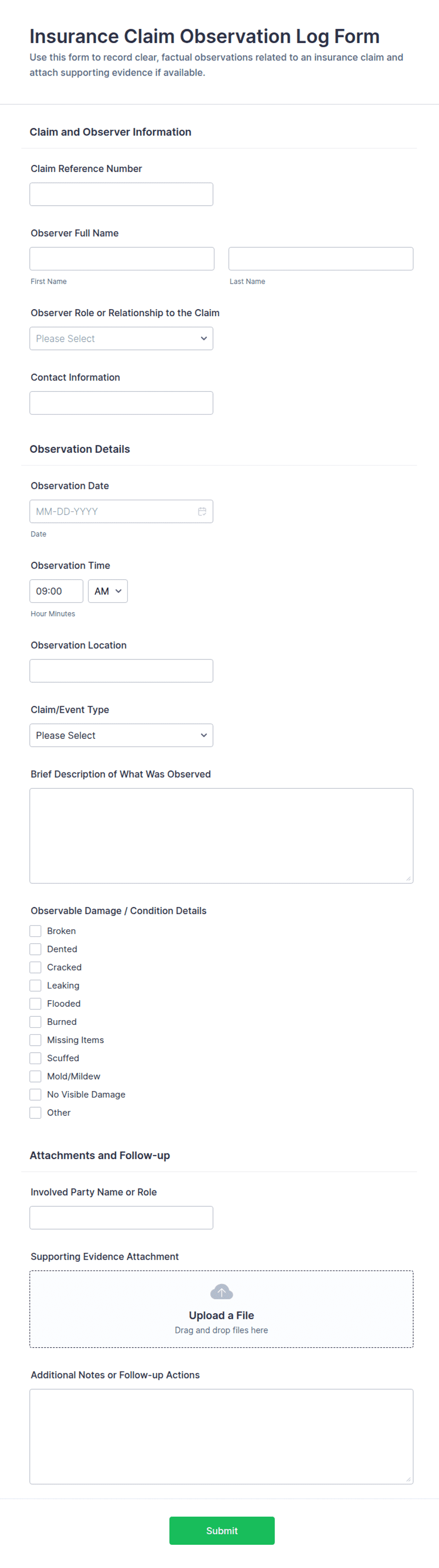 Insurance Claim Observation Log Form Template | Jotform