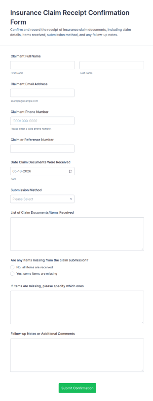 Insurance Claim Receipt Confirmation Form Template