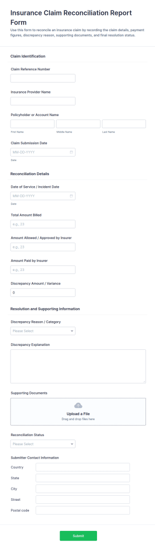 Insurance Claim Reconciliation Report Form Template