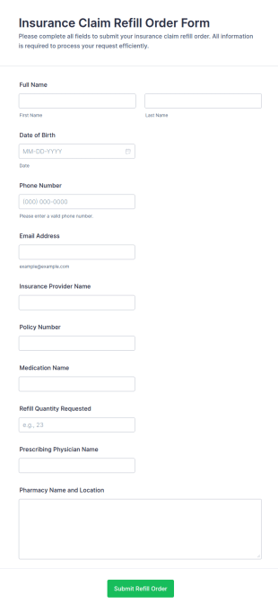 Insurance Claim Refill Order Form Template