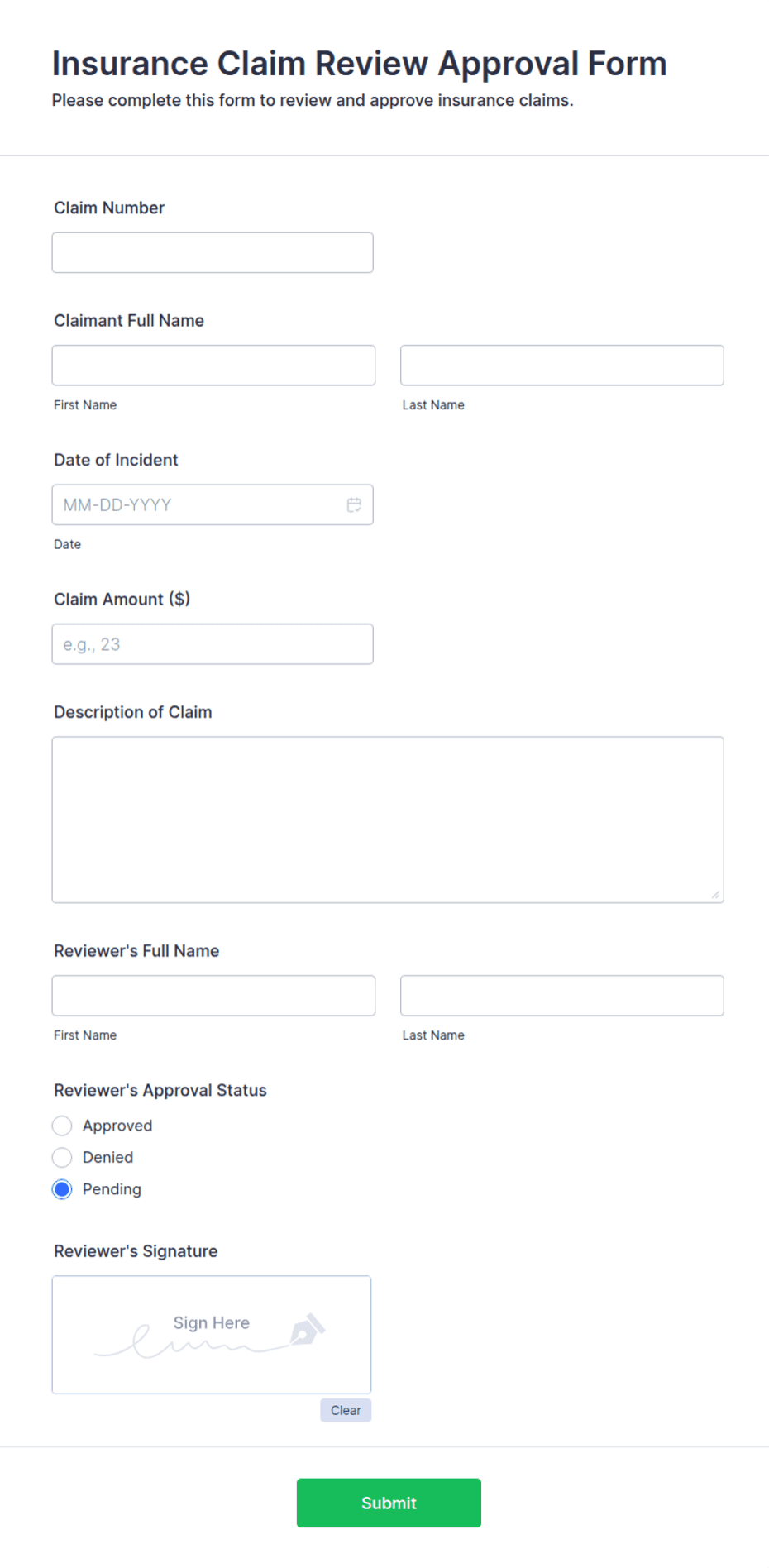 Claim Review Examples Insurance Claim Review Approval Form Template | Jotform