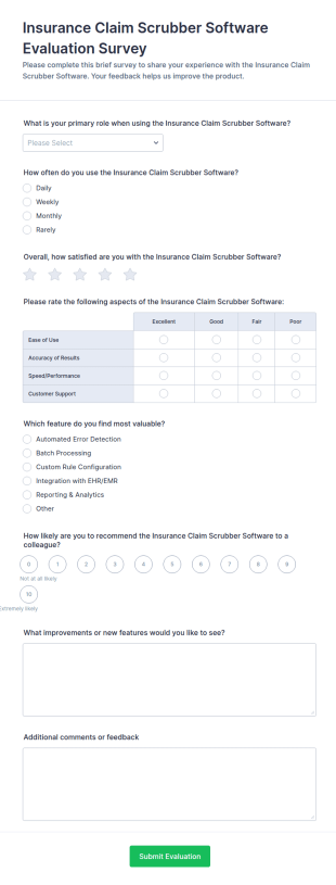 Insurance Claim Scrubber Software Evaluation Survey Form Template