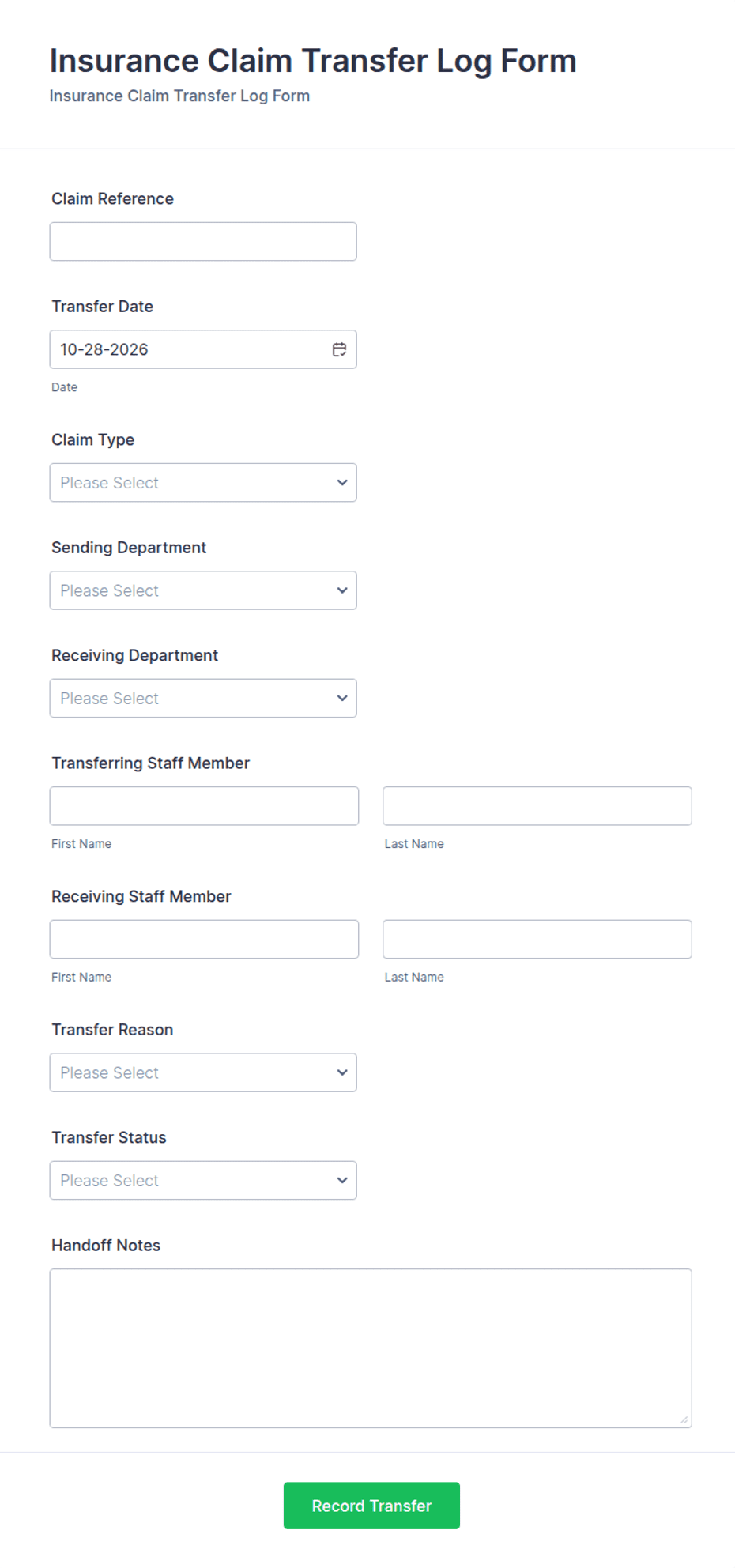 Insurance Claim Transfer Log Form Template | Jotform