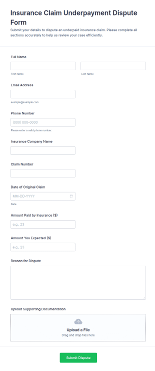 Insurance Claim Underpayment Dispute Form Template