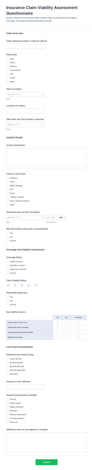 Insurance Claim Viability Assessment Form Template