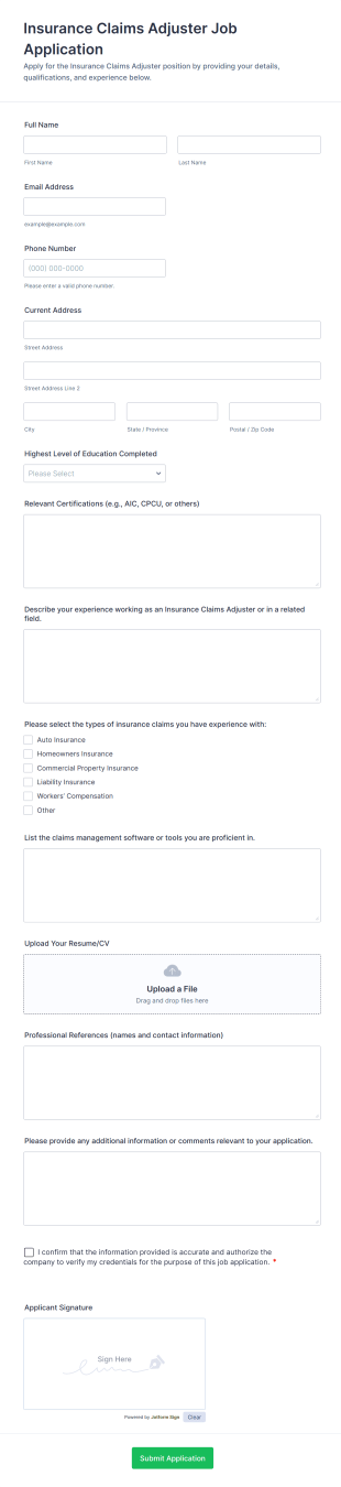 Insurance Claims Adjuster Job Application Form Template
