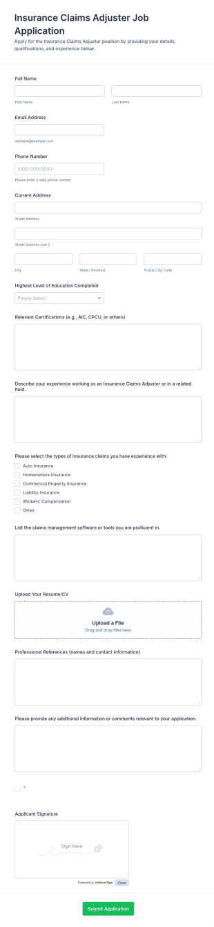 Insurance Claims Adjuster Job Application Form Template