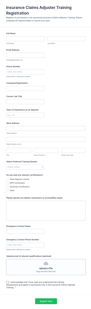 Insurance Claims Adjuster Training Registration Form Template