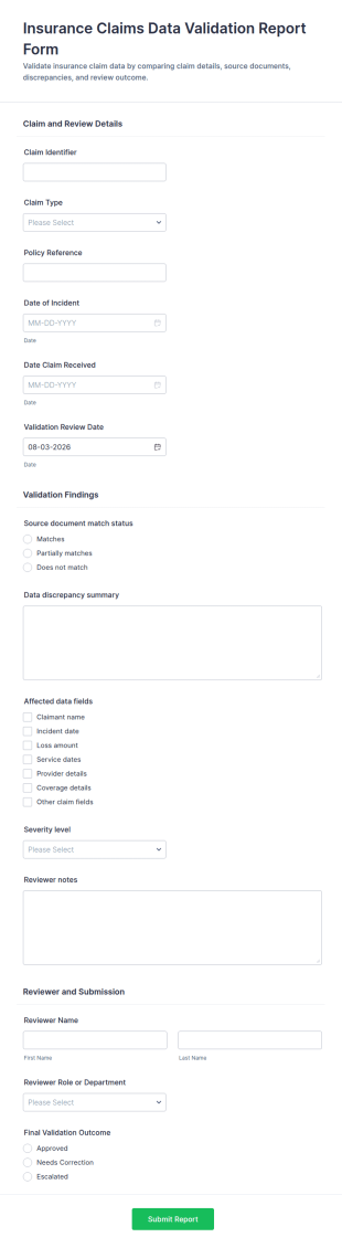 Insurance Claims Data Validation Report Form Template