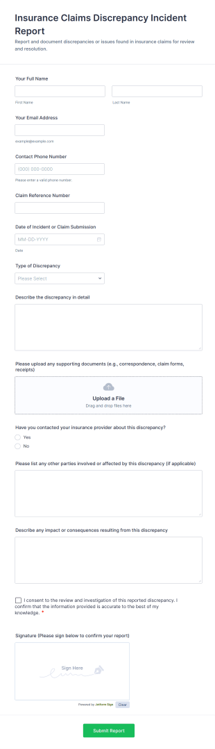 Insurance Claims Discrepancy Incident Report Form Template