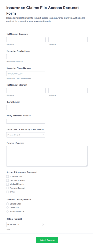 Insurance Claims File Access Request Form Template