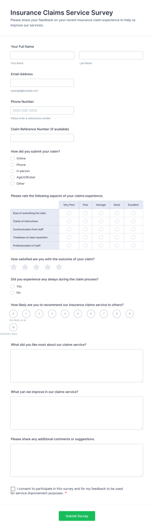 Insurance Claims Service Survey Form Template