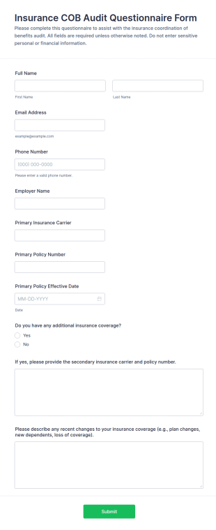Insurance COB Audit Questionnaire Form Template