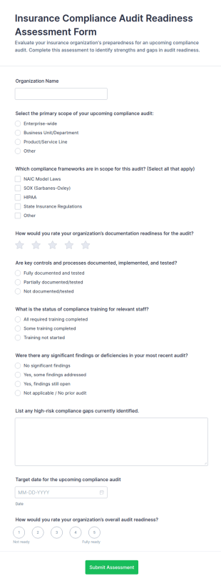 Insurance Compliance Audit Readiness Assessment Form Template