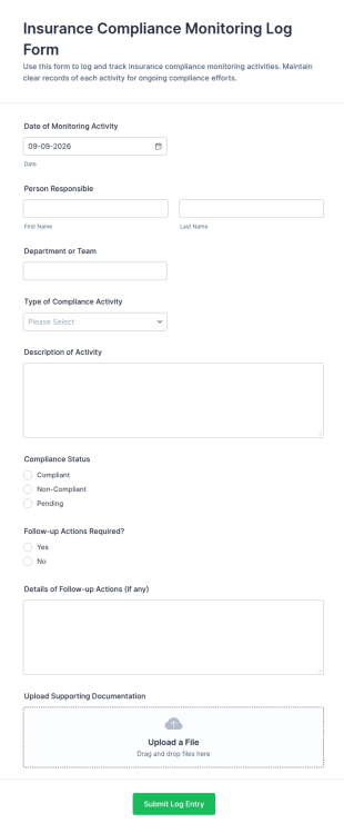Insurance Compliance Monitoring Log Form Template