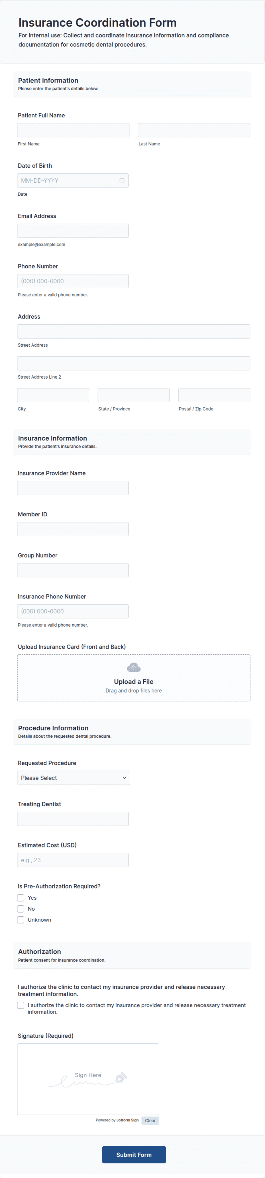 Example Insurance Collection Form Insurance Coordination Form Template | Jotform