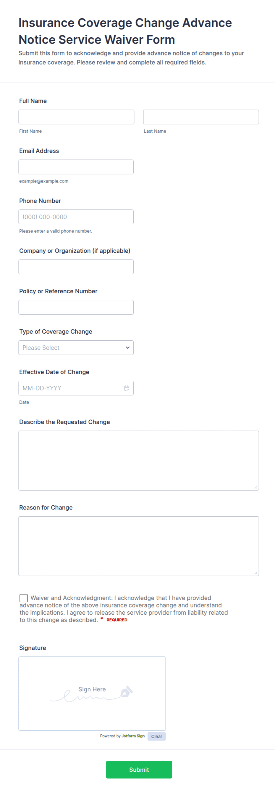 Insurance Coverage Change Advance Notice Service Waiver Form Template ...