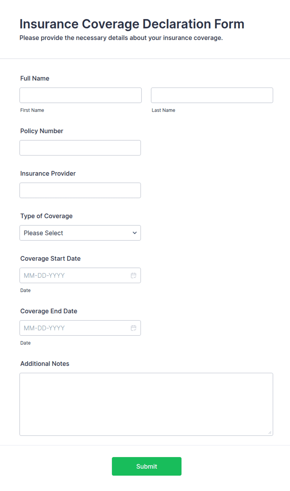 Insurance Coverage Declaration Form Template | Jotform