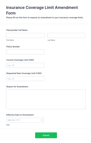 Insurance Coverage Limit Amendment Form Template