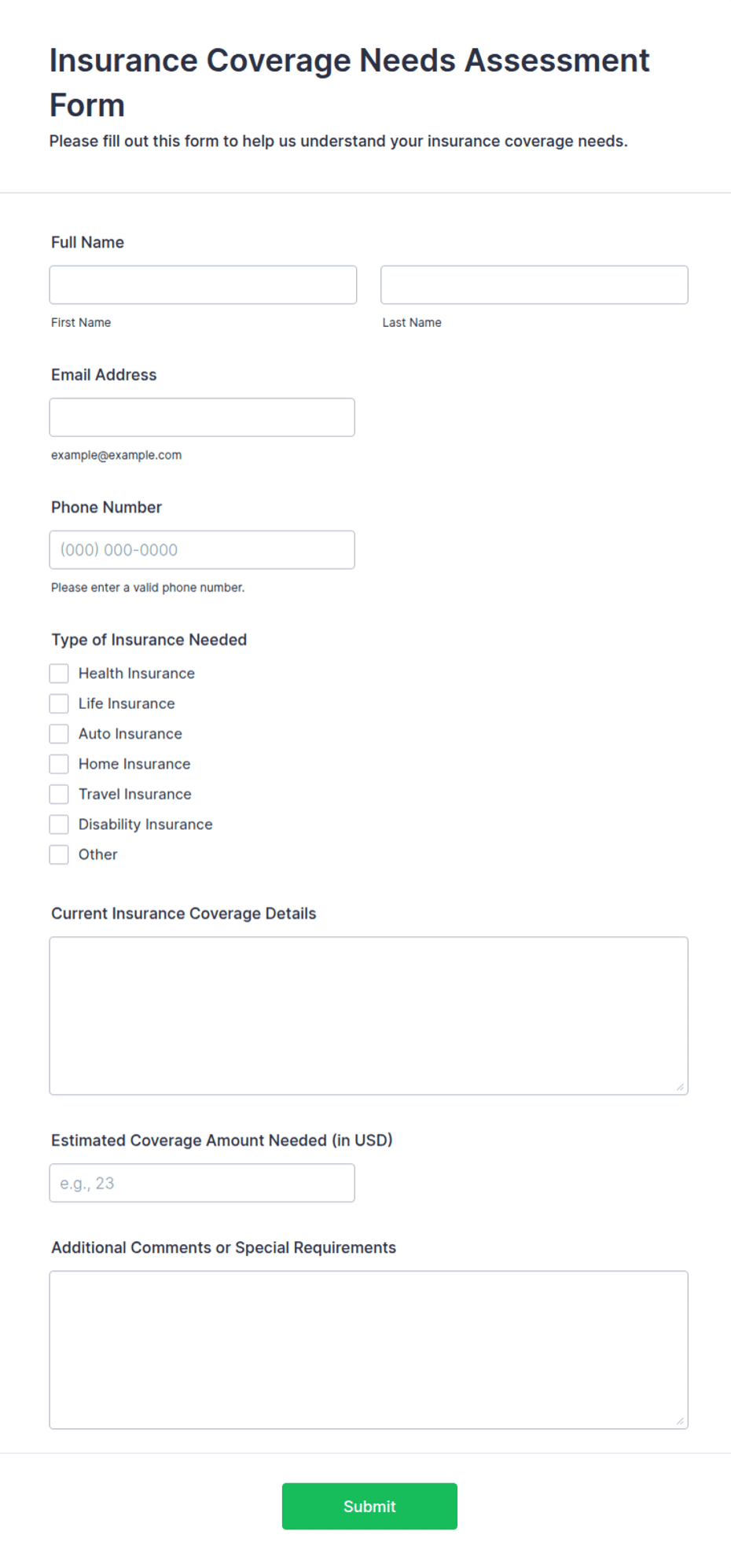 Basic Form Coverage Insurance Insurance Coverage Needs Assessment Form Template | Jotform