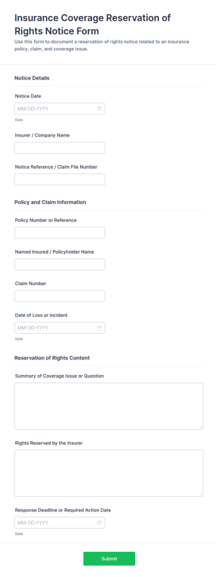 Insurance Coverage Reservation Of Rights Notice Form Template