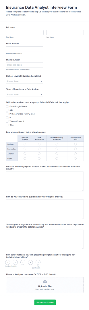 Insurance Data Analyst Interview Form Template