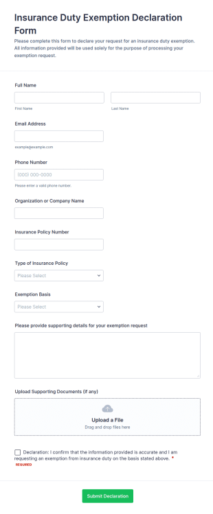 Insurance Duty Exemption Declaration Form Template