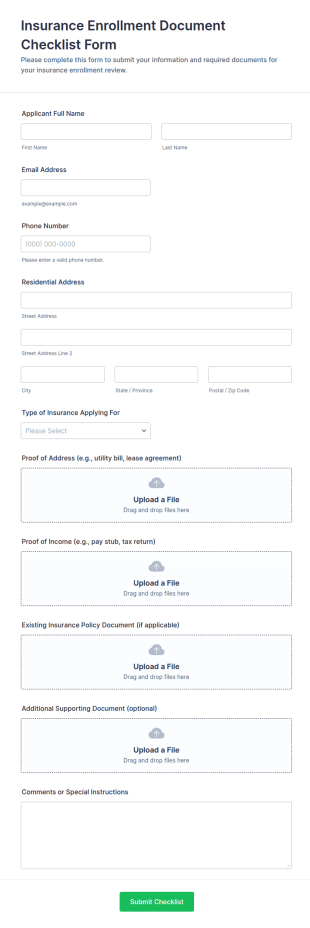 Insurance Enrollment Document Checklist Form Template