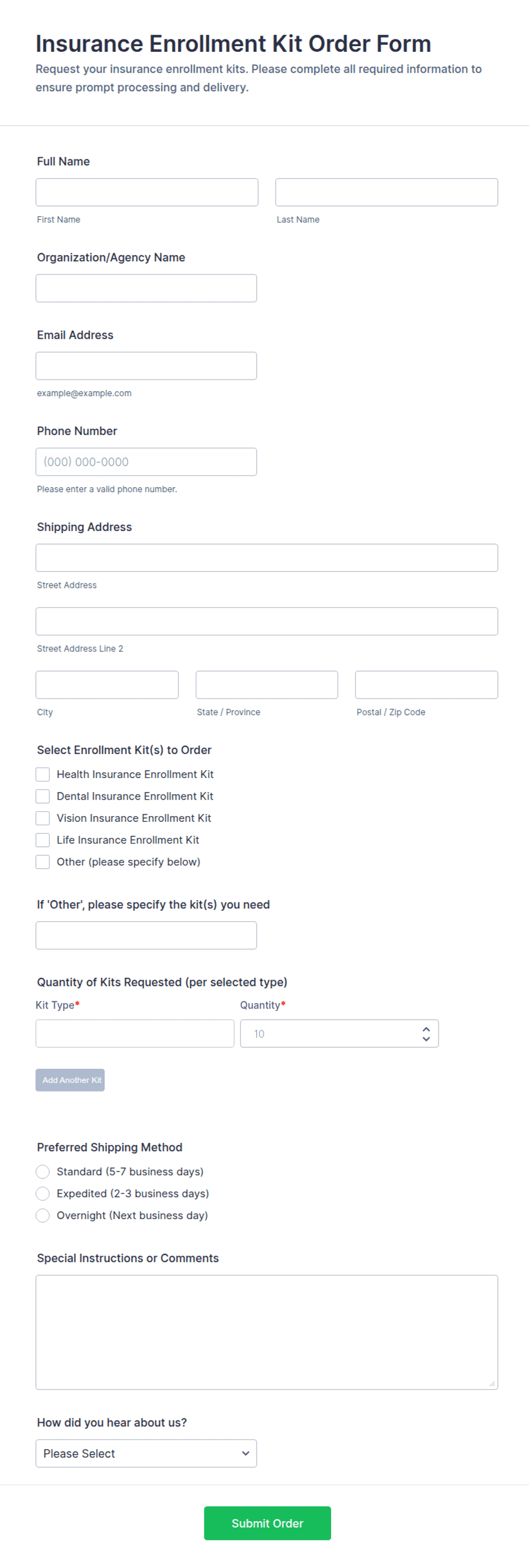 Insurance Enrollment Kit Order Form Template | Jotform