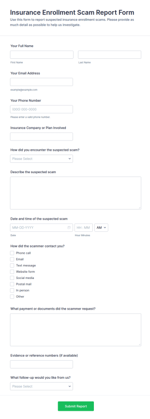 Insurance Enrollment Scam Report Form Template