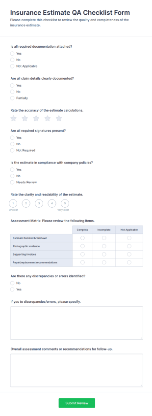 Insurance Estimate QA Checklist Form Template