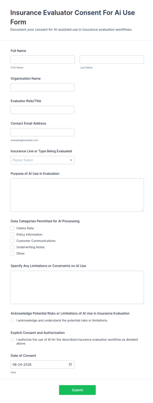 Insurance Evaluator Consent For AI Use Form Template