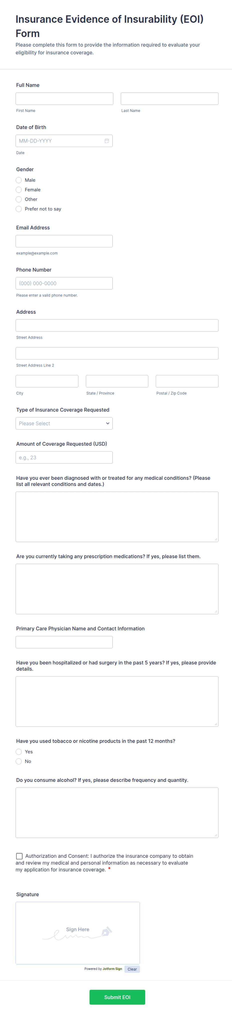 Insurance Evidence of Insurability (EOI) Form Template | Jotform