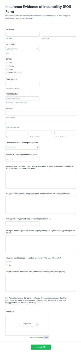 Insurance Evidence Of Insurability (EOI) Form Template