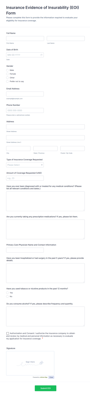 Insurance Evidence Of Insurability (EOI) Form Template