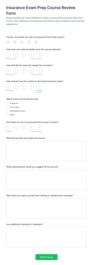 Insurance Exam Prep Course Review Form Template