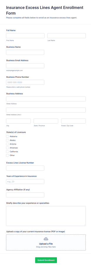 Insurance Excess Lines Agent Enrollment Form Template