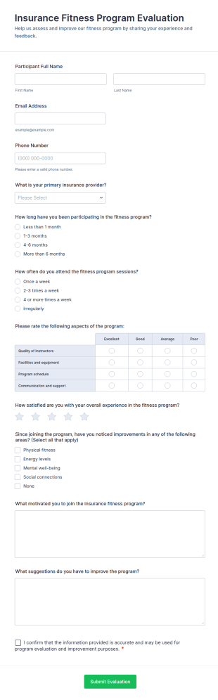 Insurance Fitness Program Evaluation Form Template